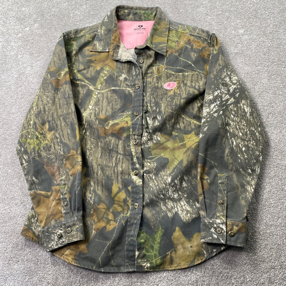 Mossy Oak Button Down Shirt Womens Large Green Camo Pink Logo Hunting Gorpcore